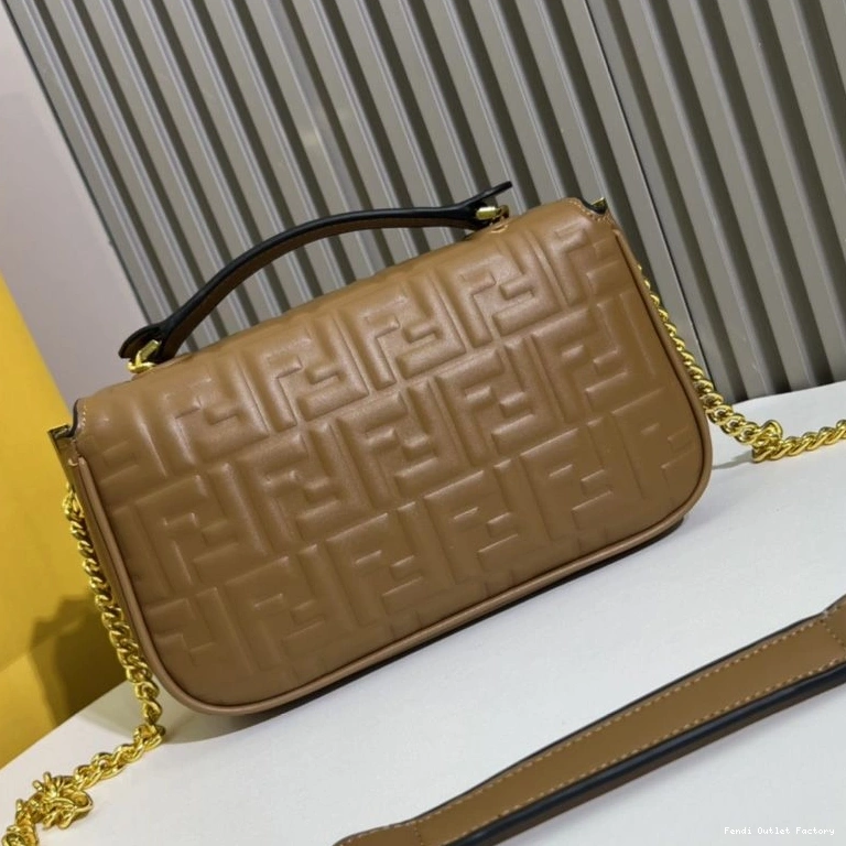 Affordable HOT FF Nappa Brown In Motif Fendi Leather Midi Chain Baguette Bag 0801